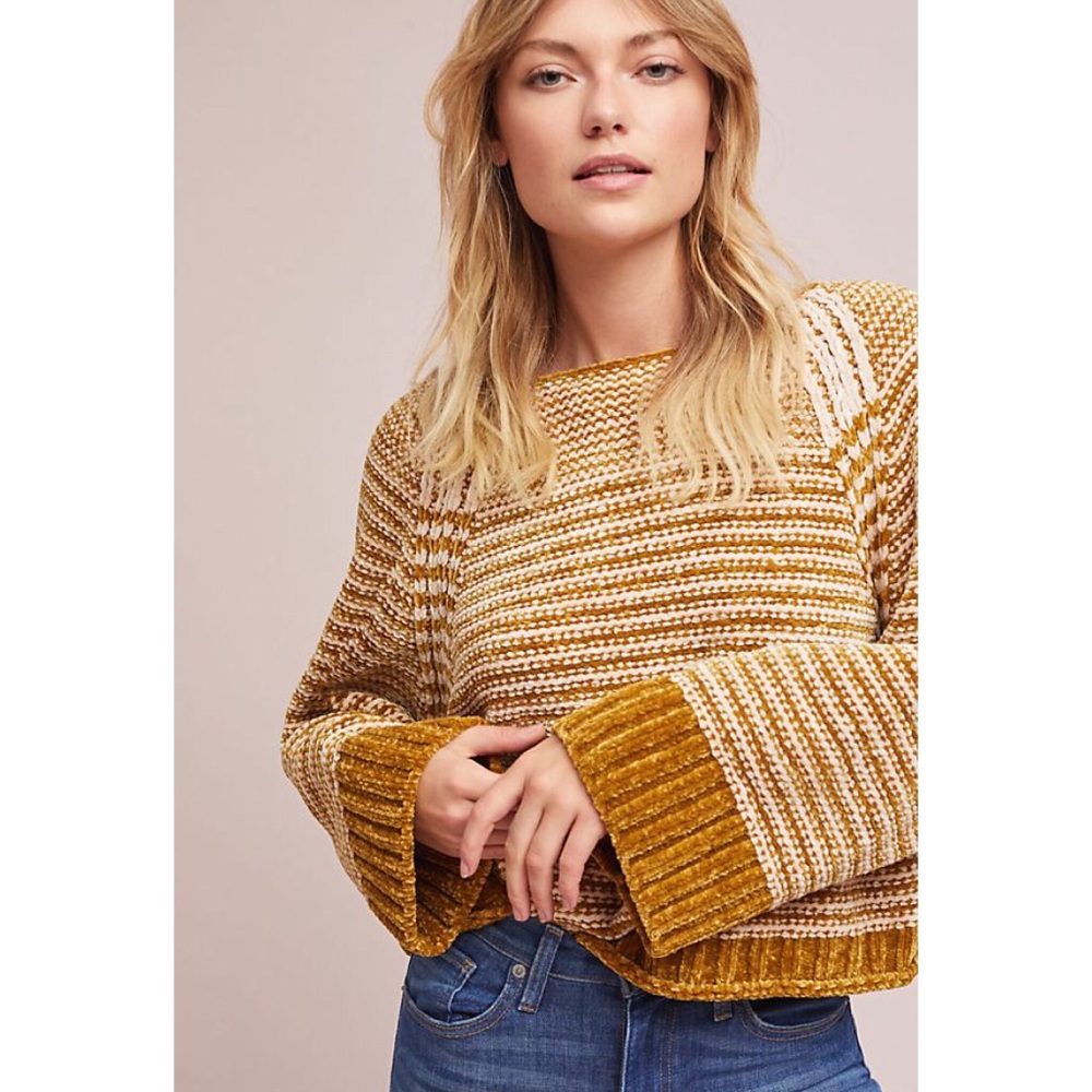 ANTHROPOLOGIE Gold White Chunky Knit Crop Sweater